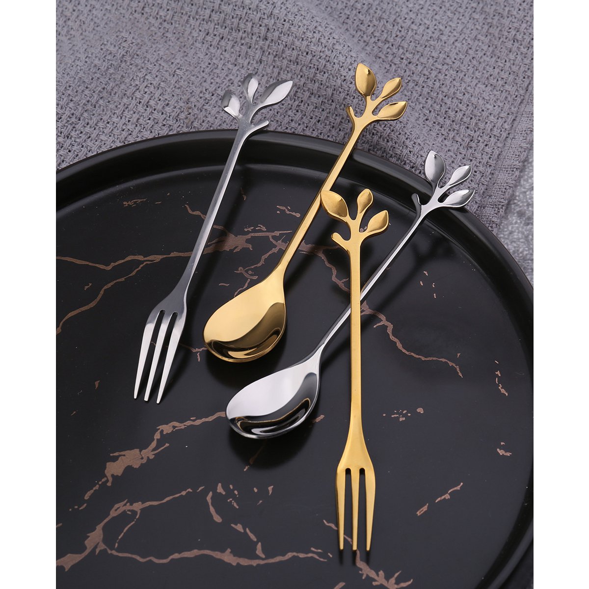 Aulica Luxe Dessertvorkjes Goud Bladdesign - RVS - Set van 6 |woon-meubel.nl