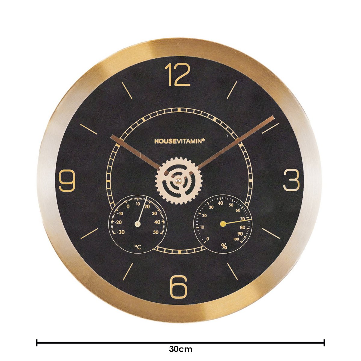 Wall Clock – 30 cm – Black & Gold – Metal & Glass