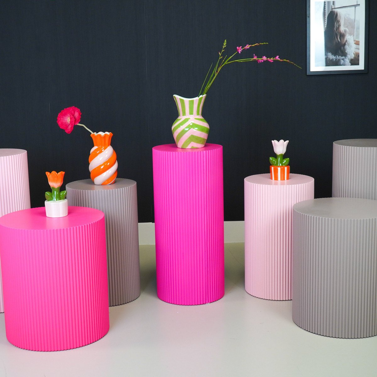 Bijzitter - cilinder- MDF - Neon roze - 39x39x45cm