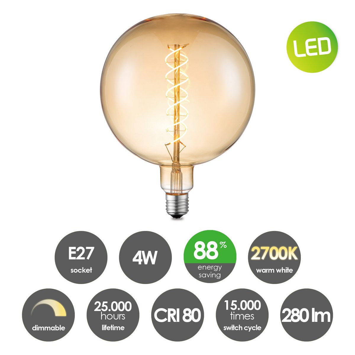 Pendant lamp chrome vintage - 3 LED -dimmable E27 amber