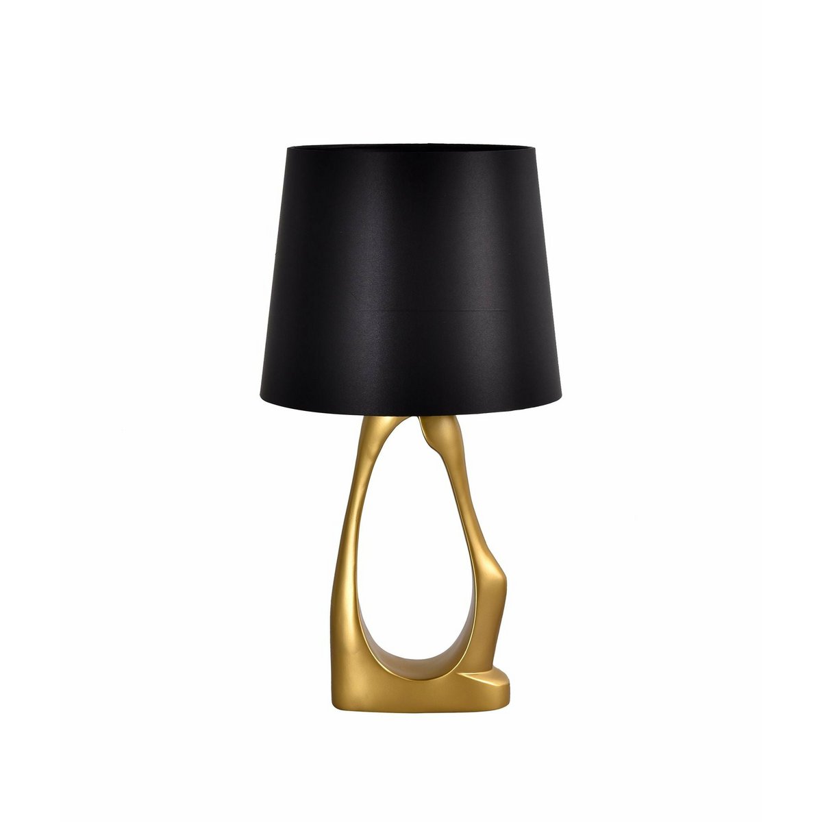 Black lampshade with abstract gold base featuring open geometric design.
