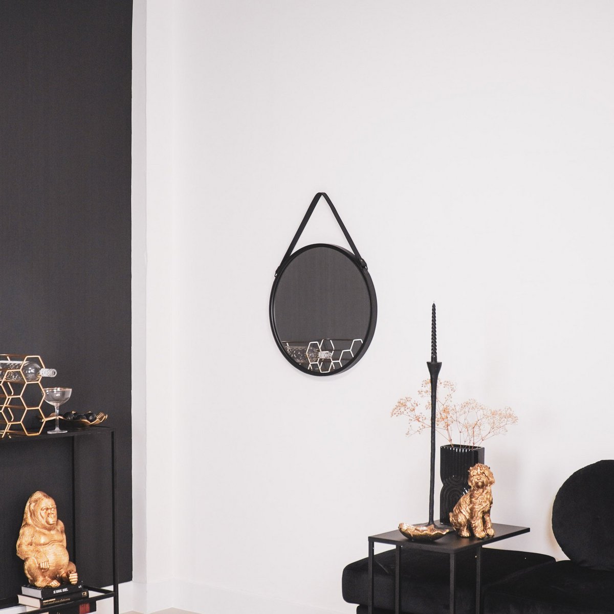 Mirror - Round Wall Mirror - Leather/Metal - Black - Ø50cm