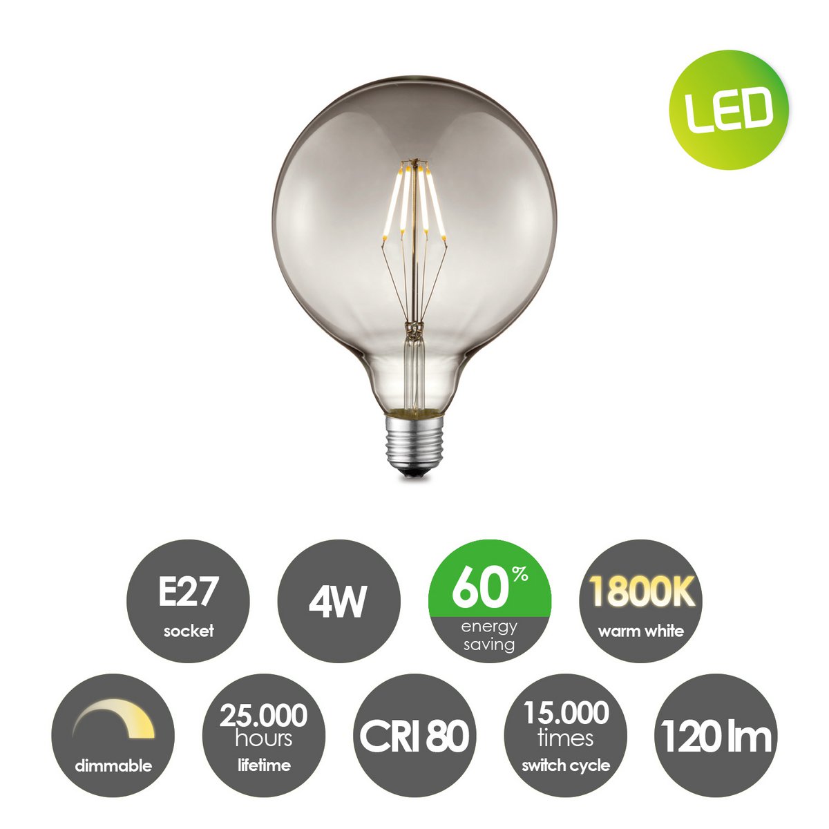 Vintage pendant lamp - 3 LED lamp G95 - dimmable E27 smoke