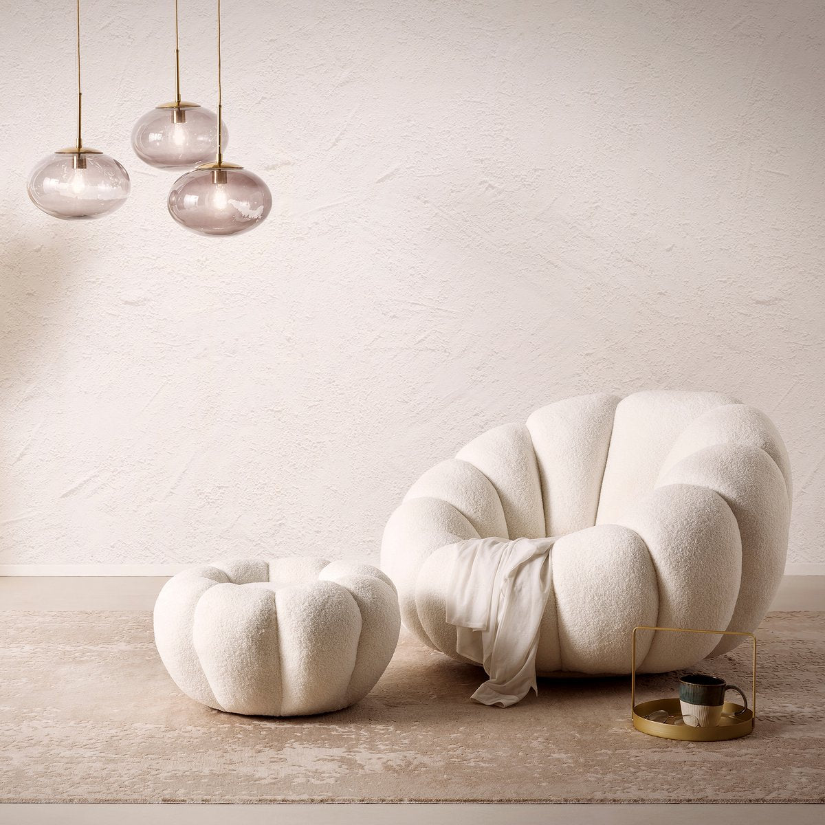 Fauteuil- en krukset wit teddybont |woon-meubel.nl