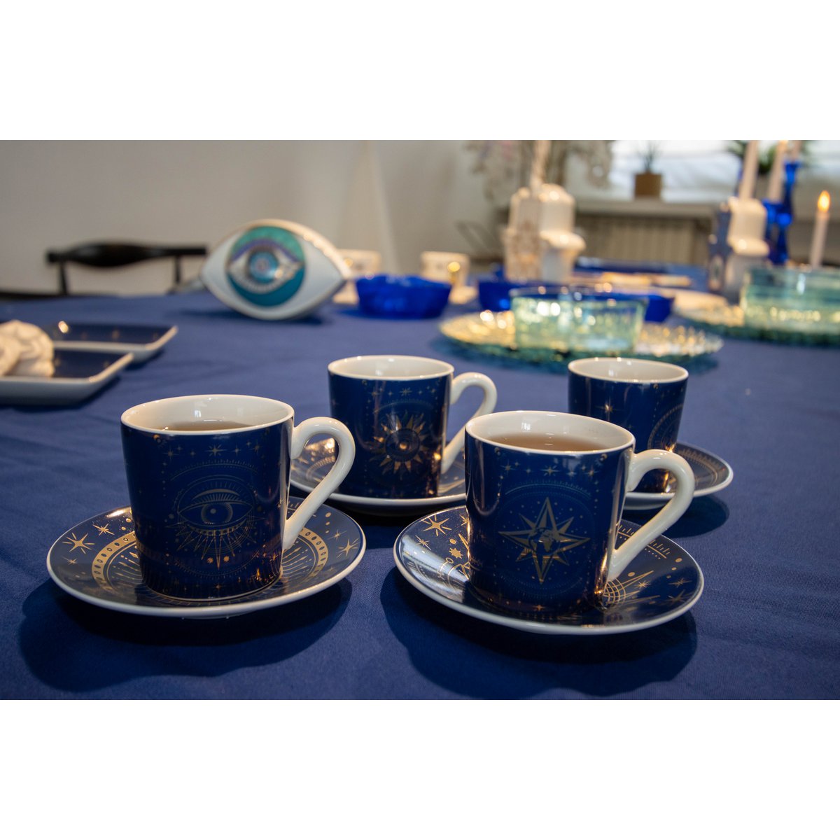 Koffiekopjes – Set van 4 – Blauw Porselein – 80 ml – Elegant Design