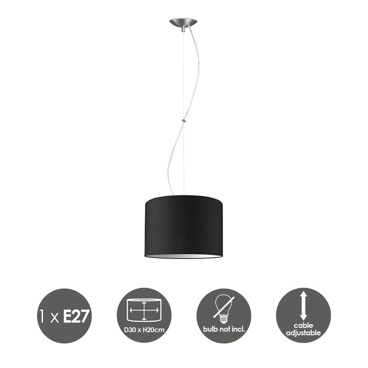 Deluxe pendant lamp with lampshade, E27, black, 30cm