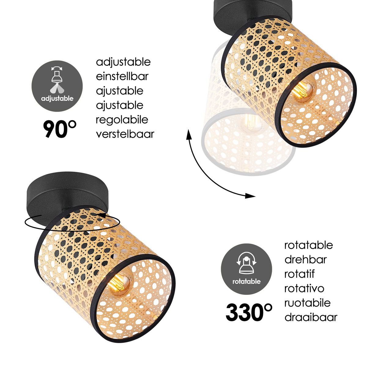 Landelijke LED Wandspot Rotan - Zwart |woon-meubel.nl