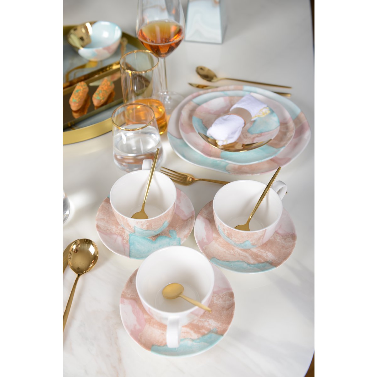 Koffiekopjes Set van 2 met Schotels | Porselein | Marmerlook |woon-meubel.nl