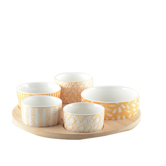 Aperitiefset – 5 Schaaltjes op Rond Houten Plateau |woon-meubel.nl