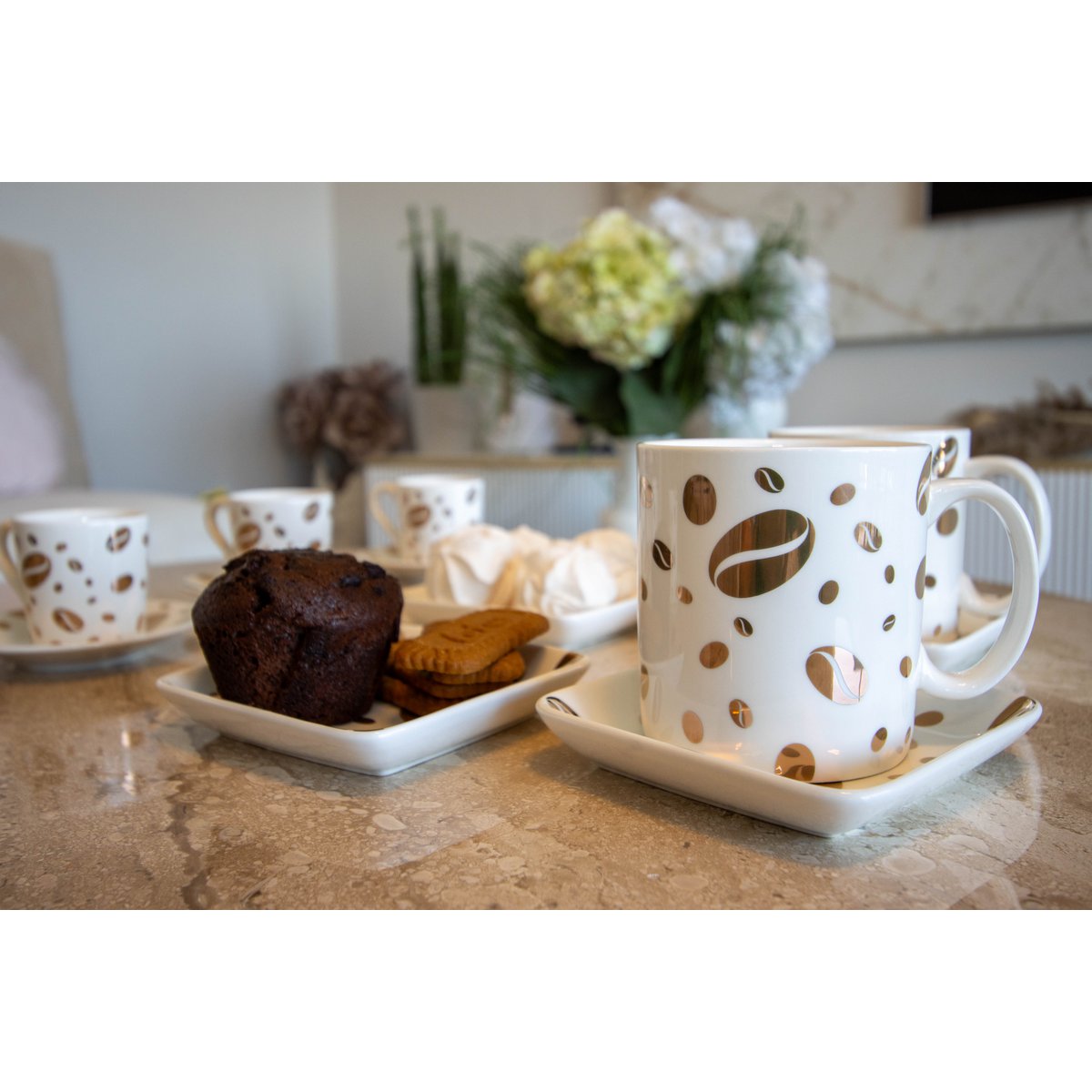 Mok “Grain de Café” – Set van 4 – Luxe – Porselein – Wit & Goud |woon-meubel.nl