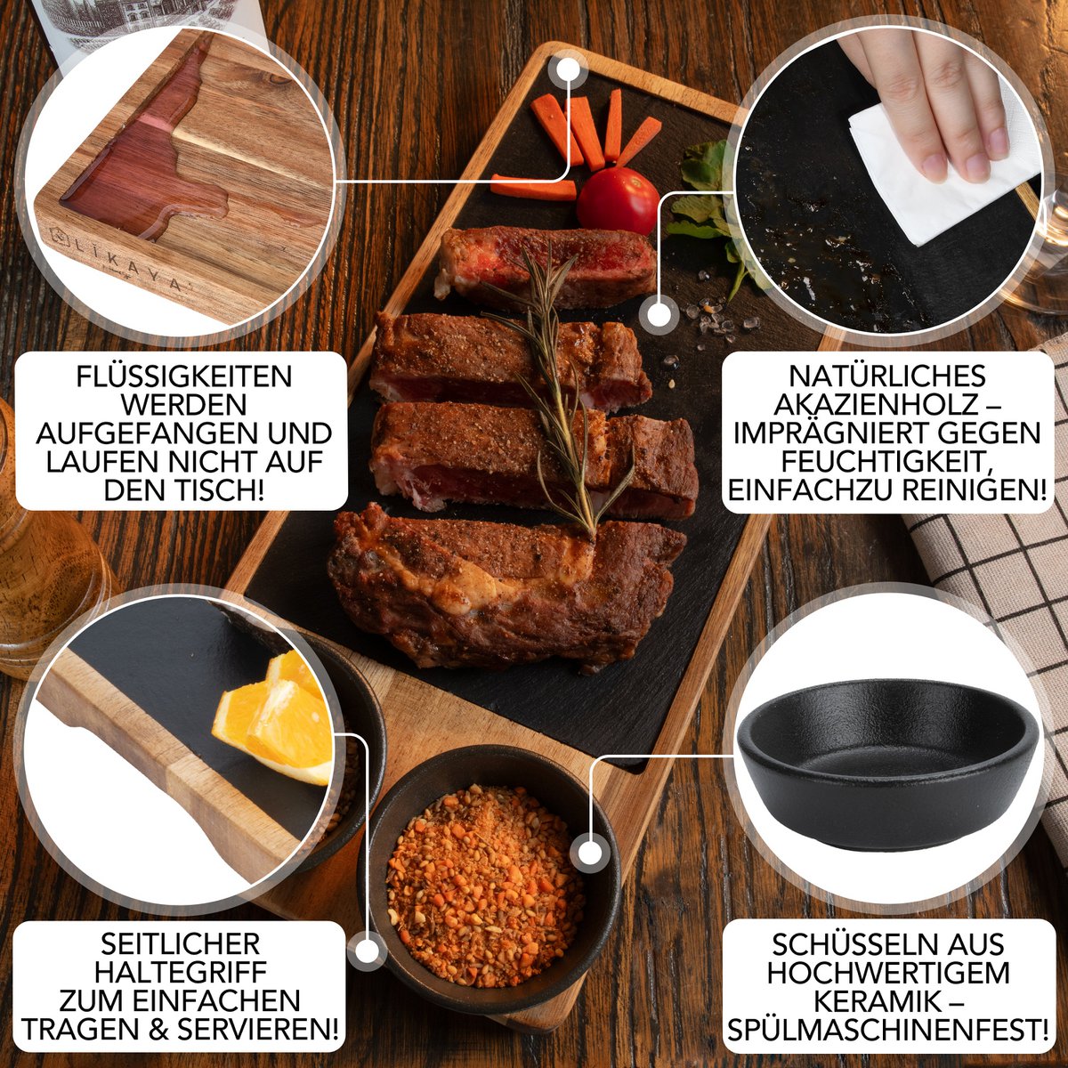 Serving Board 2 set gemaakt van FSC® Acacia Wood met leisteenplaten + 4x sauzenschaal