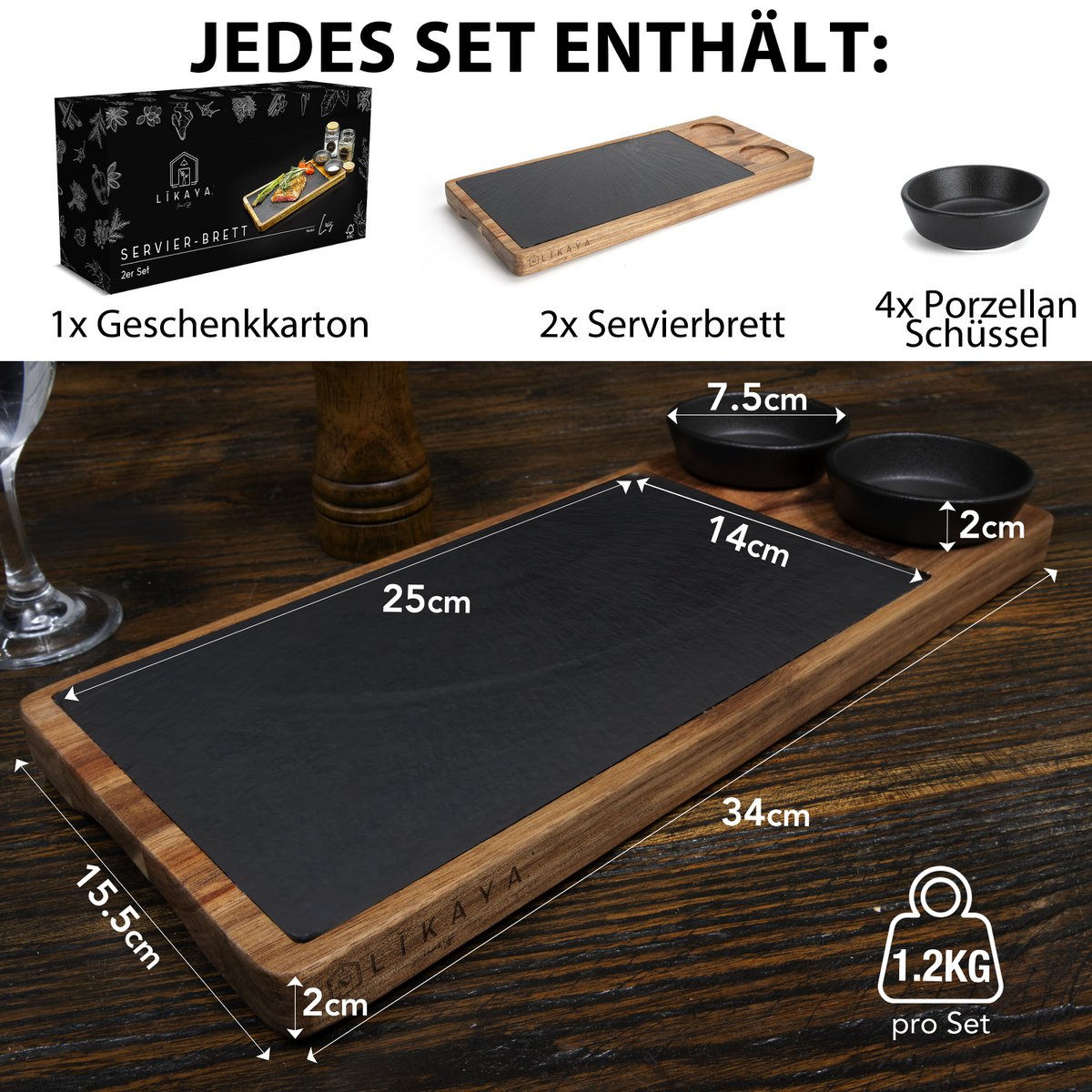 Serving Board 2 set gemaakt van FSC® Acacia Wood met leisteenplaten + 4x sauzenschaal