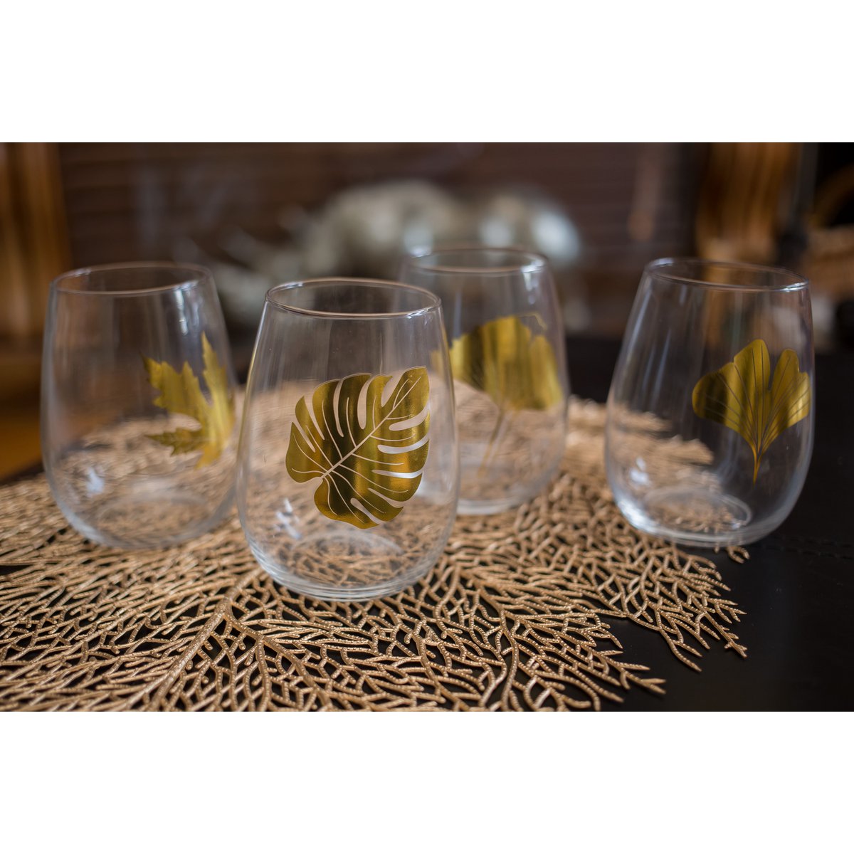 Waterglazen Set van 4 – Goud Blad | 330 ml | Luxe Drinkglazen |woon-meubel.nl