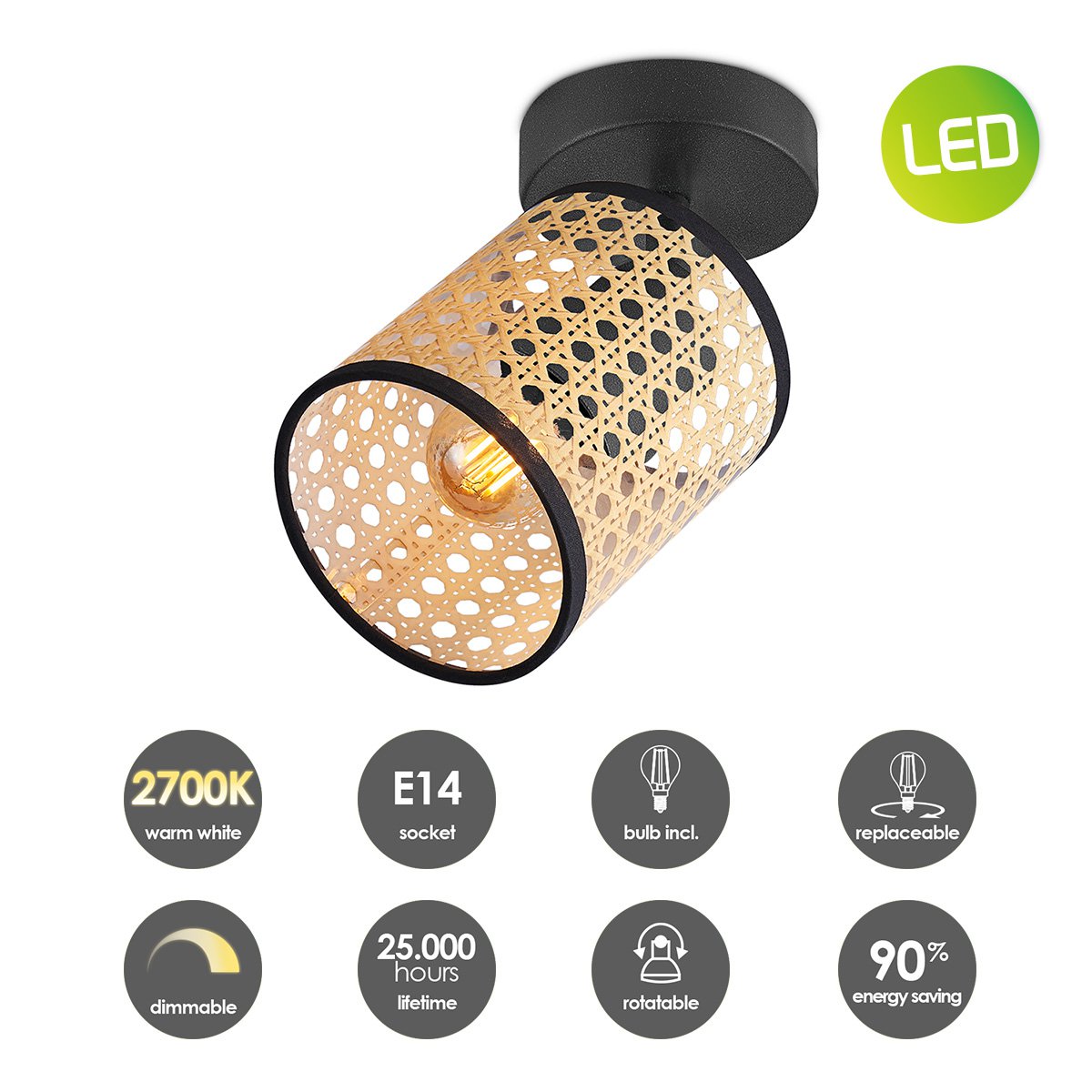 Landelijke LED Wandspot Rotan - Zwart |woon-meubel.nl