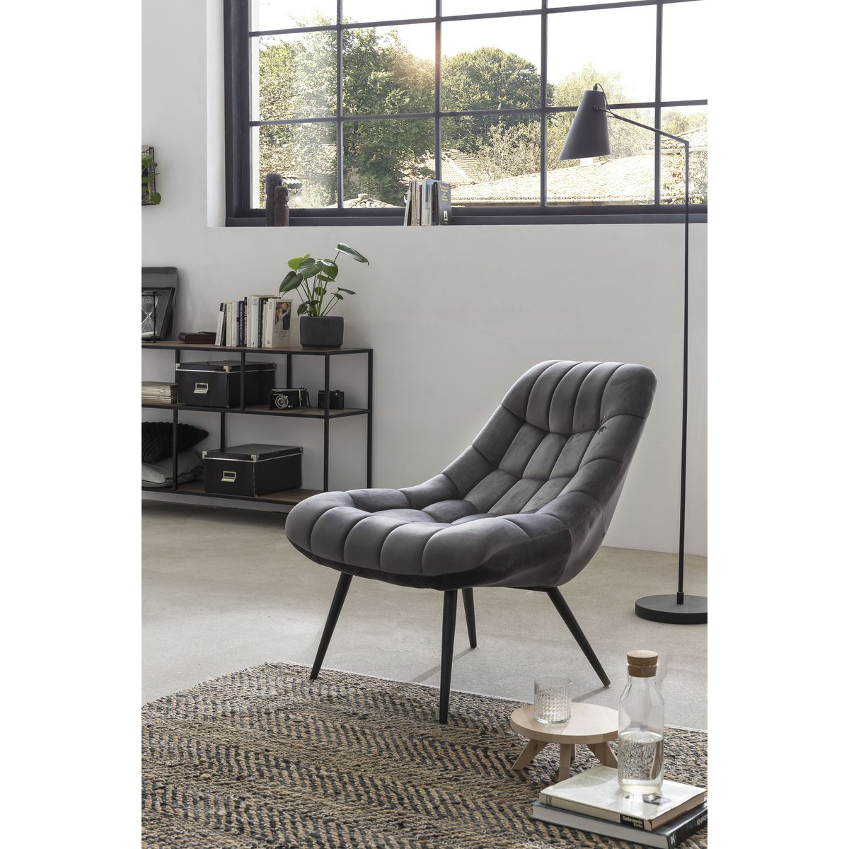 Fauteuil XXL fluweel grijs metaal zwart