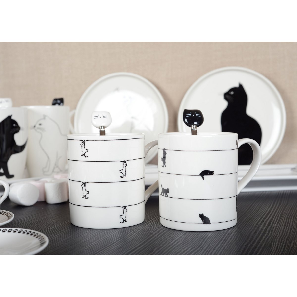 Witte Theekopjes met Kattenontwerp – Set van 2 |woon-meubel.nl