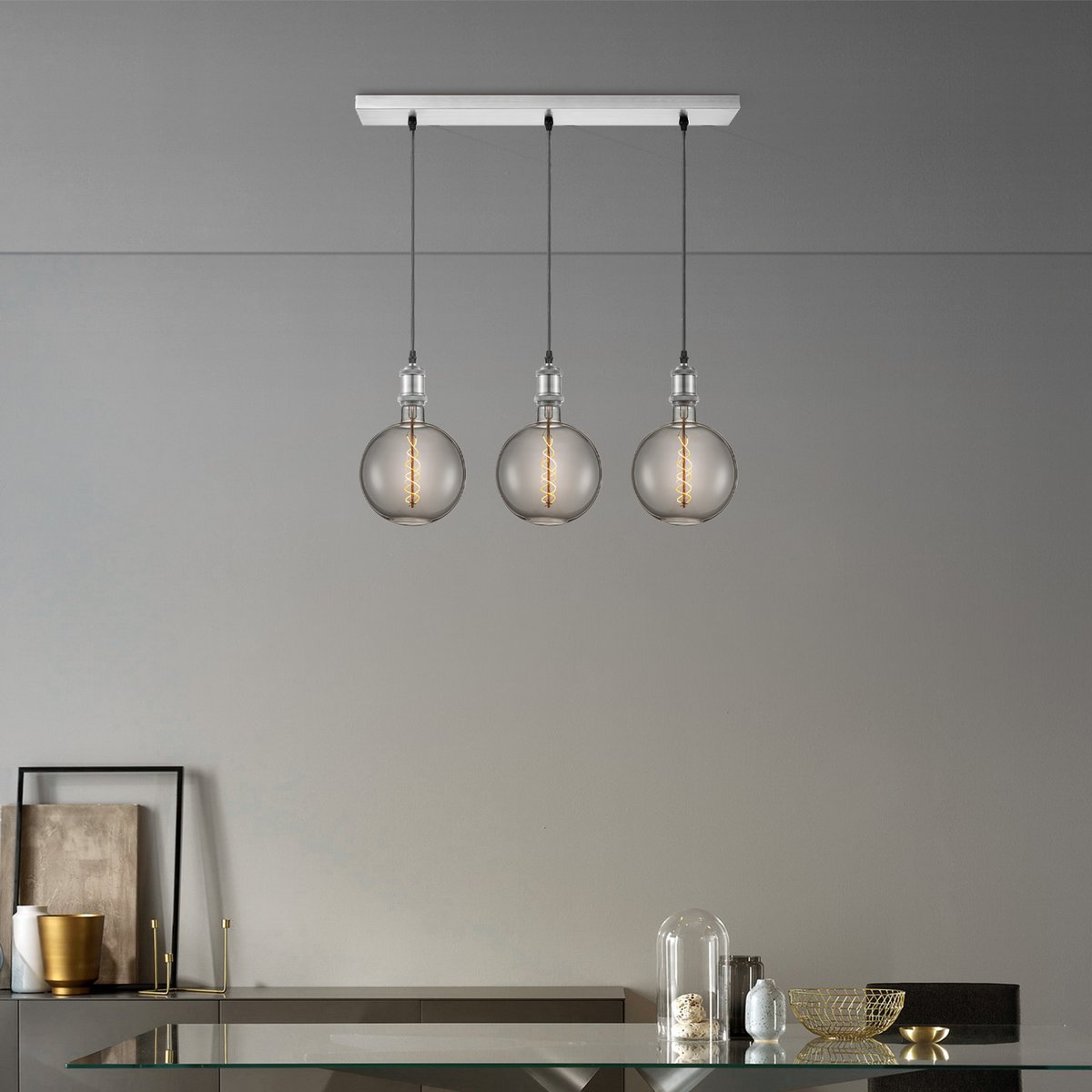 Pendant lamp chrome vintage LED 3L G180 dimmable E27 smoke