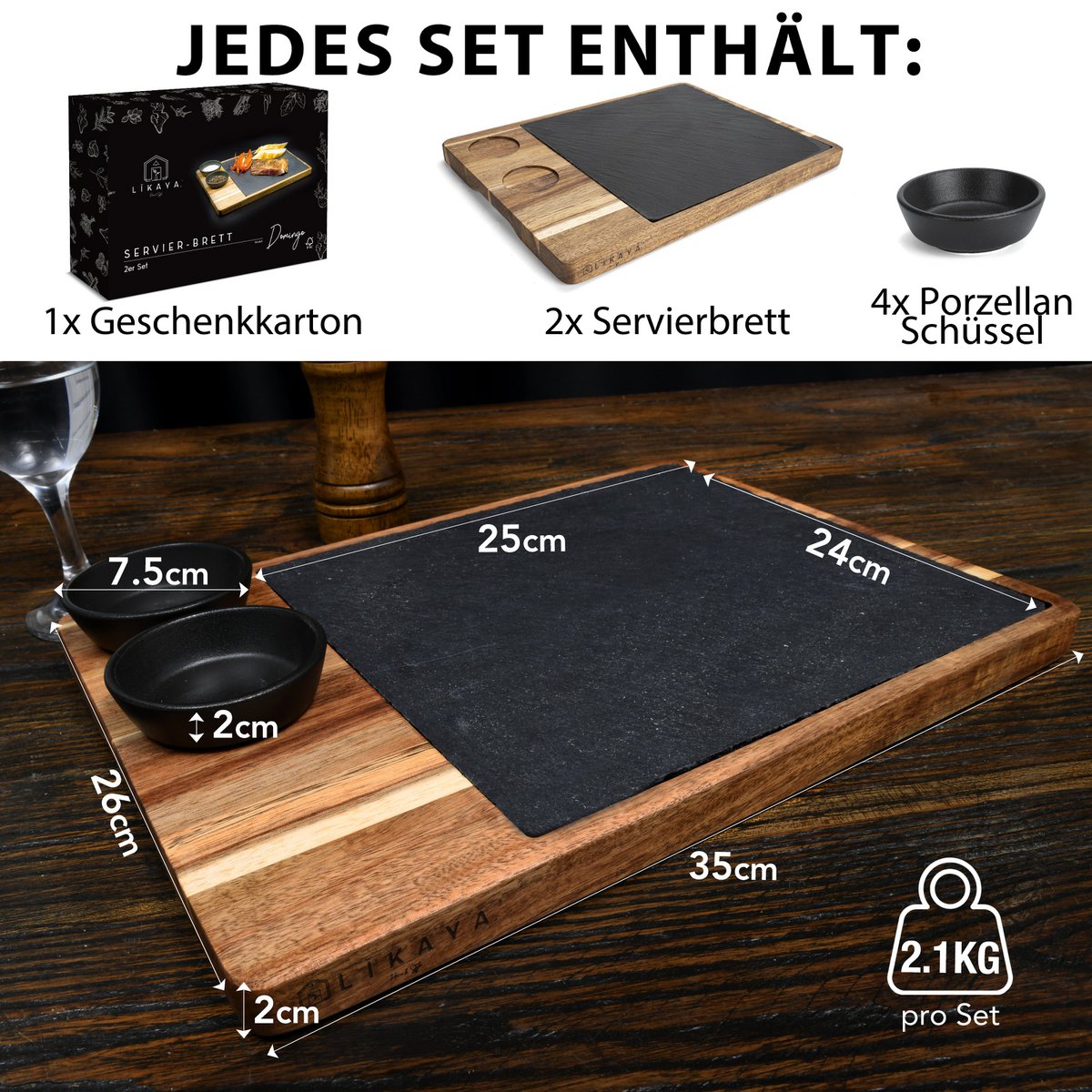 Serveerset XXL 'Domingo' – Set van 2 - Luxe Serveerplank van FSC® Acaciahout met Leisteen | Duurzaam & Elegant