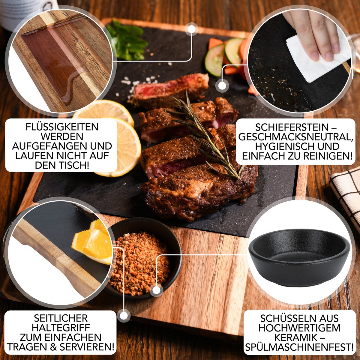 Serveerset XXL 'Domingo' – Set van 2 - Luxe Serveerplank van FSC® Acaciahout met Leisteen | Duurzaam & Elegant