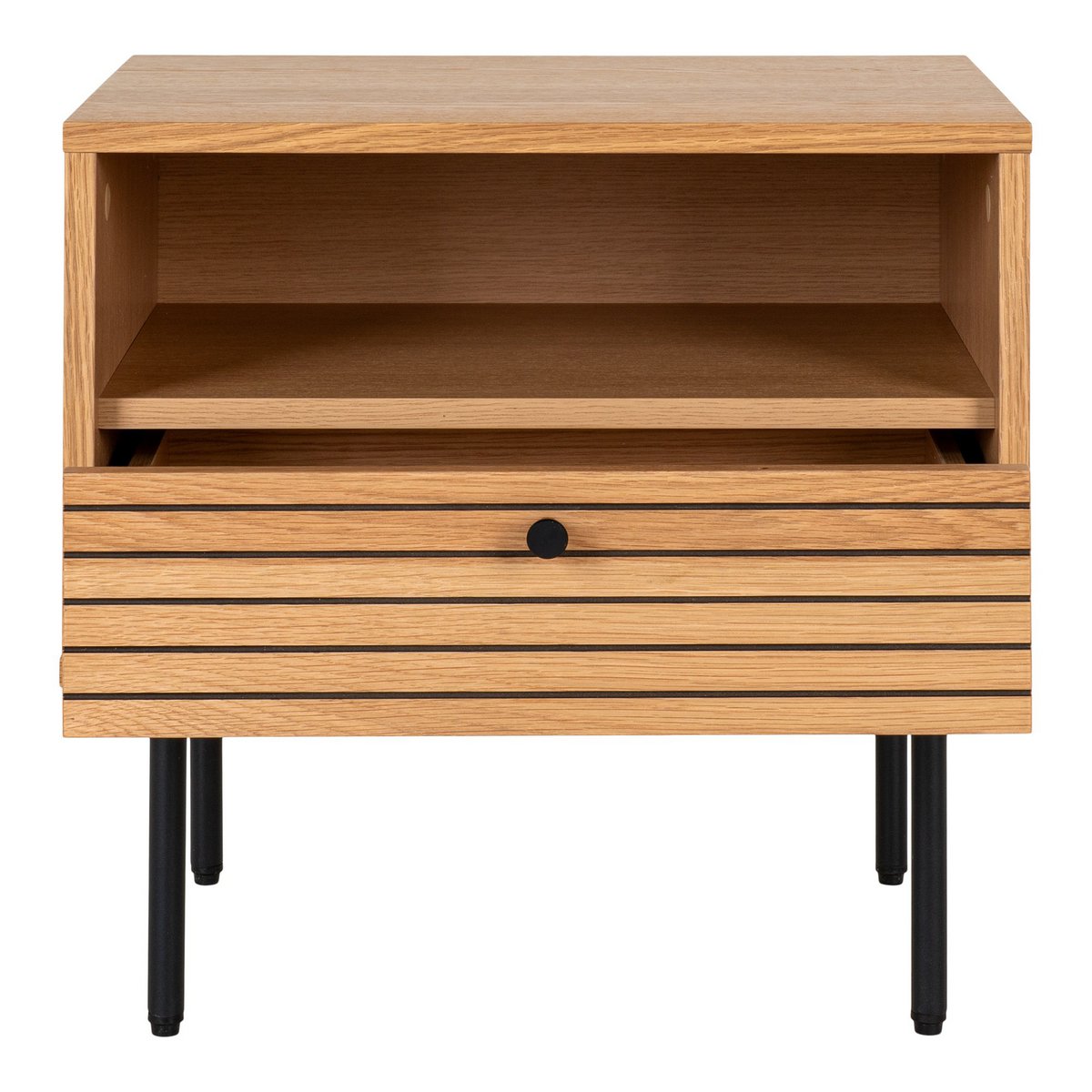 Table d'appoint Kyoto - Table d'appoint, placage chêne, pieds métal noir, 1 tiroir