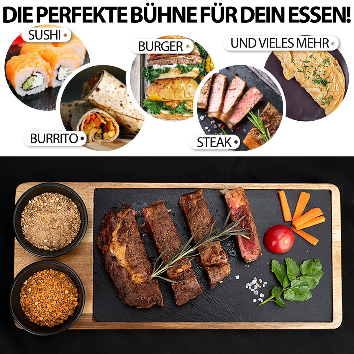 Serving Board 2 set gemaakt van FSC® Acacia Wood met leisteenplaten + 4x sauzenschaal