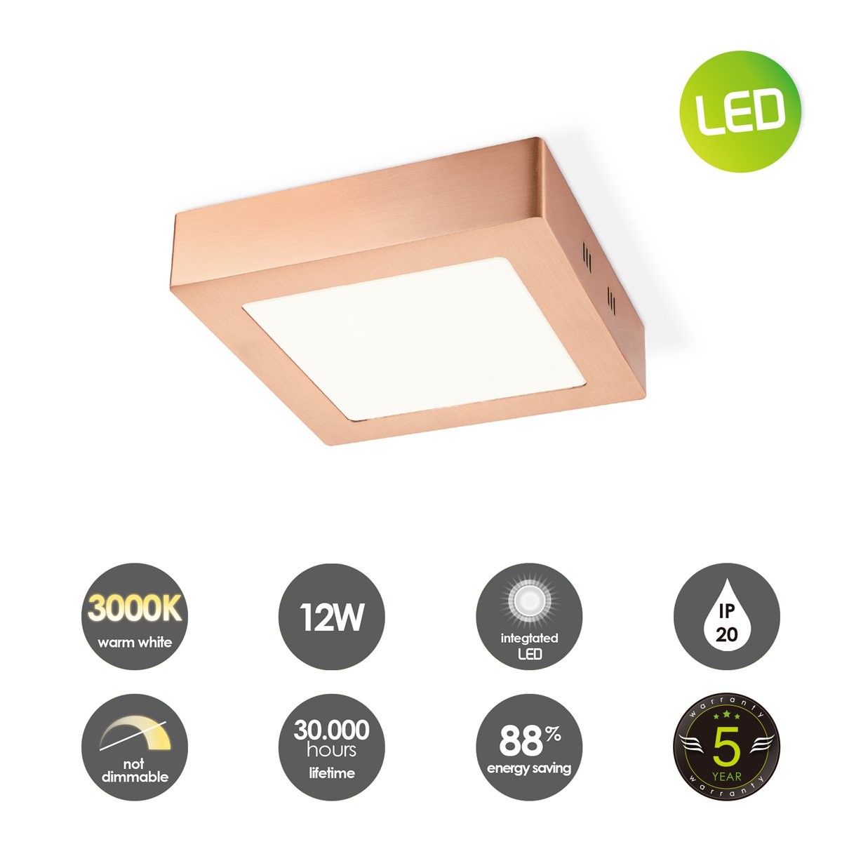 LED Ceiling Lamp Ska - Copper - Square 17/17/3.6cm