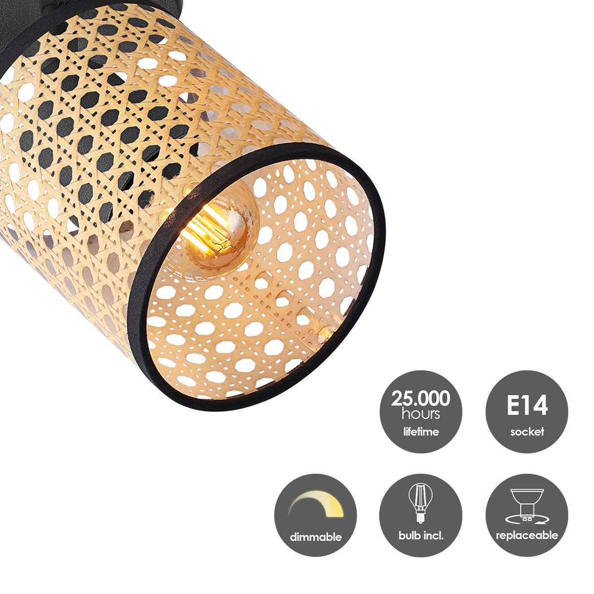 Landelijke LED Wandspot Rotan - Zwart |woon-meubel.nl