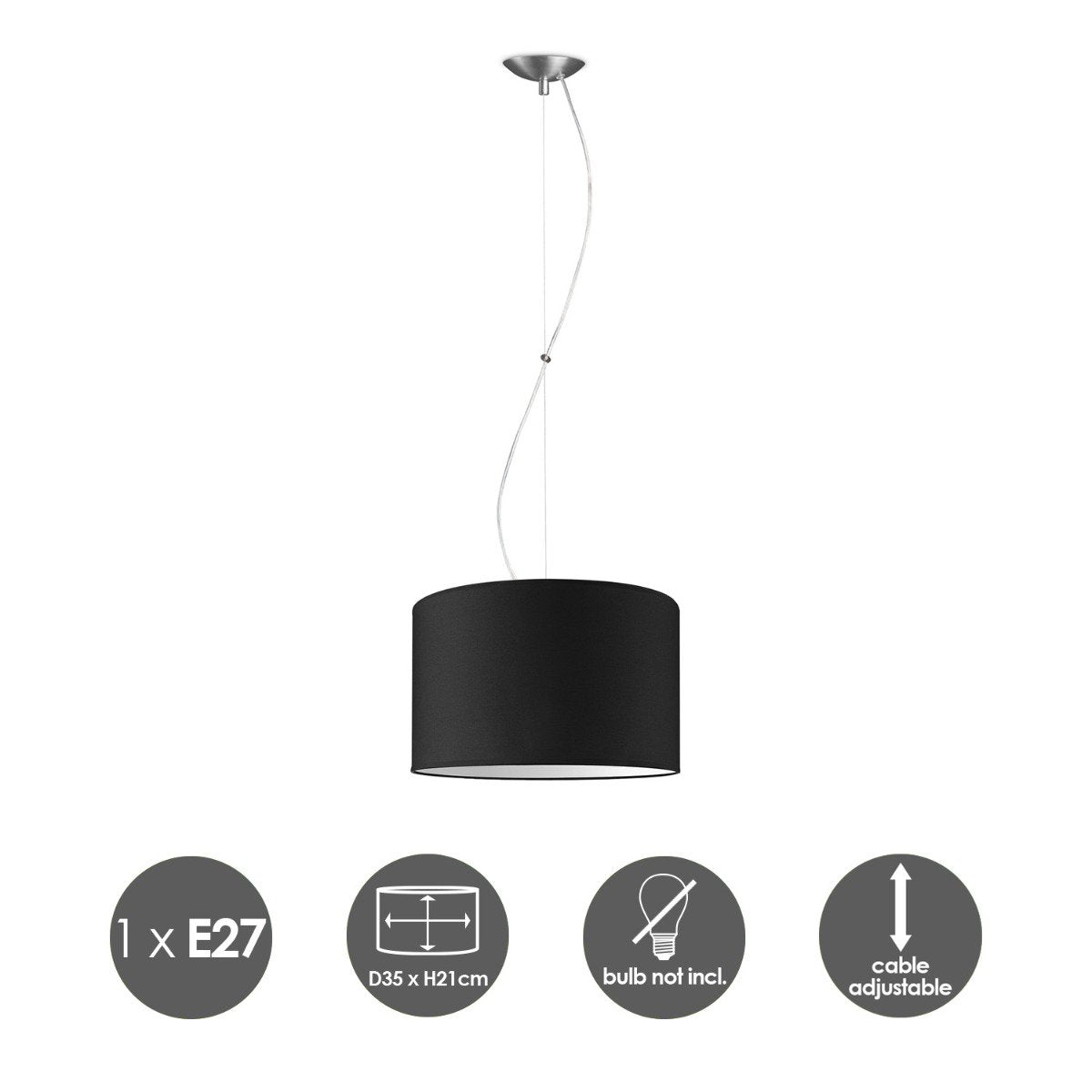 Deluxe pendant lamp with lampshade, E27, black, 35cm