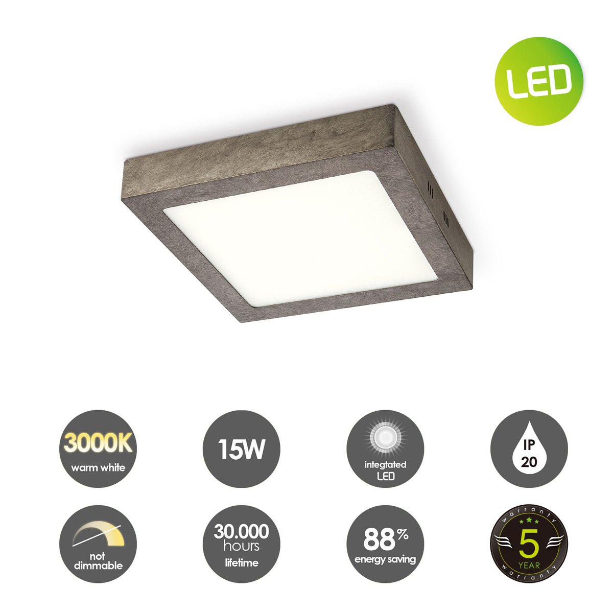 LED Ceiling Lamp Ska - Anthracite - Square 22/22/3.6cm