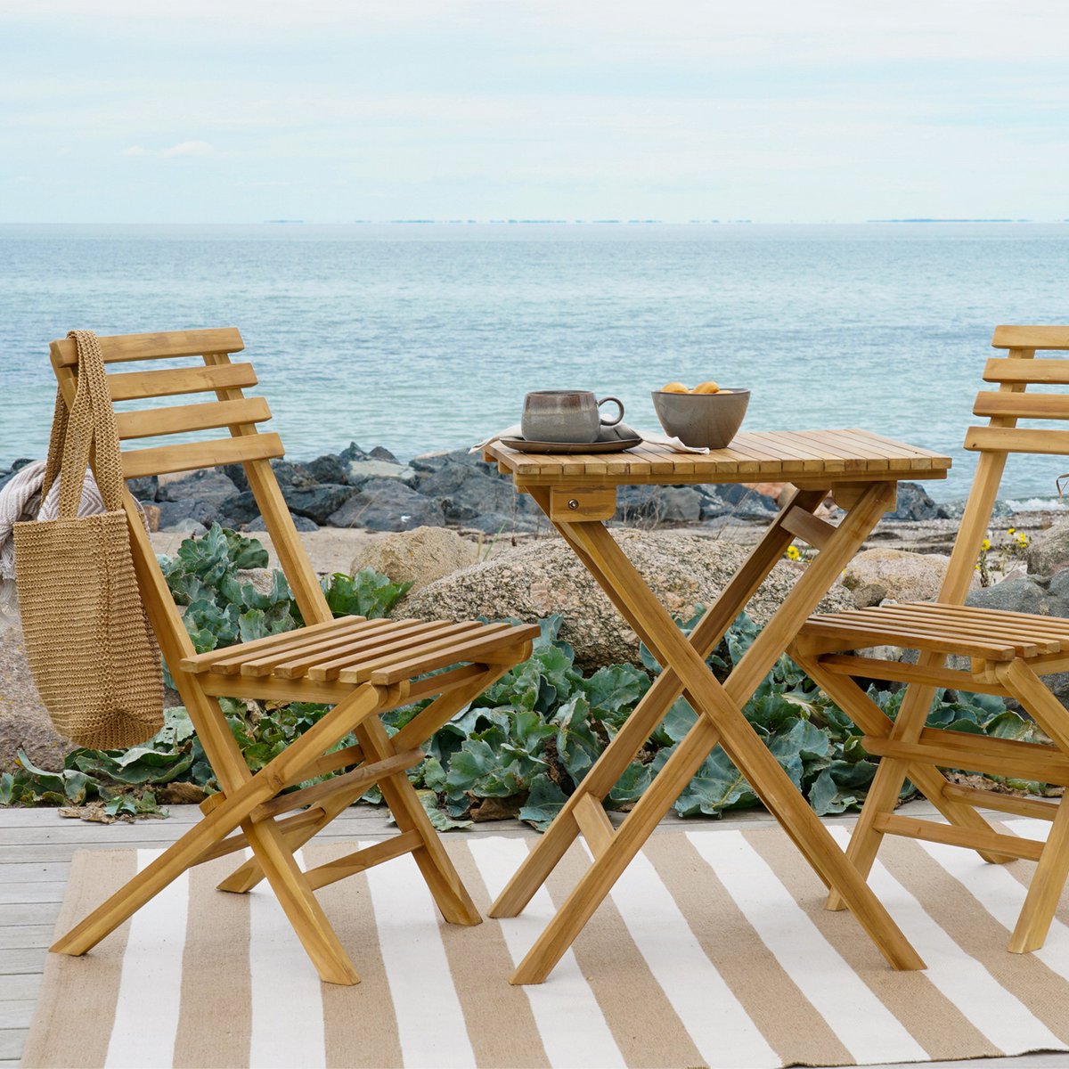 Buitenset - Caféset, 2 stoelen en 1 tafel, teakhout, naturel |woon-meubel.nl