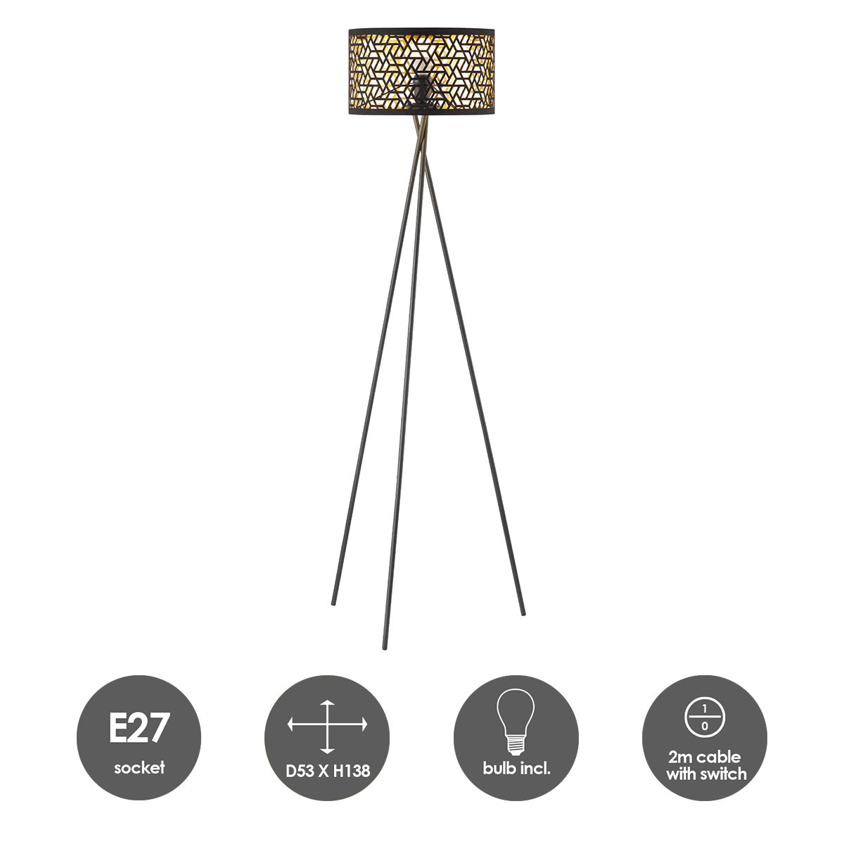 Lampadaire Moderne - Abat-jour noir doré - 53x53x138