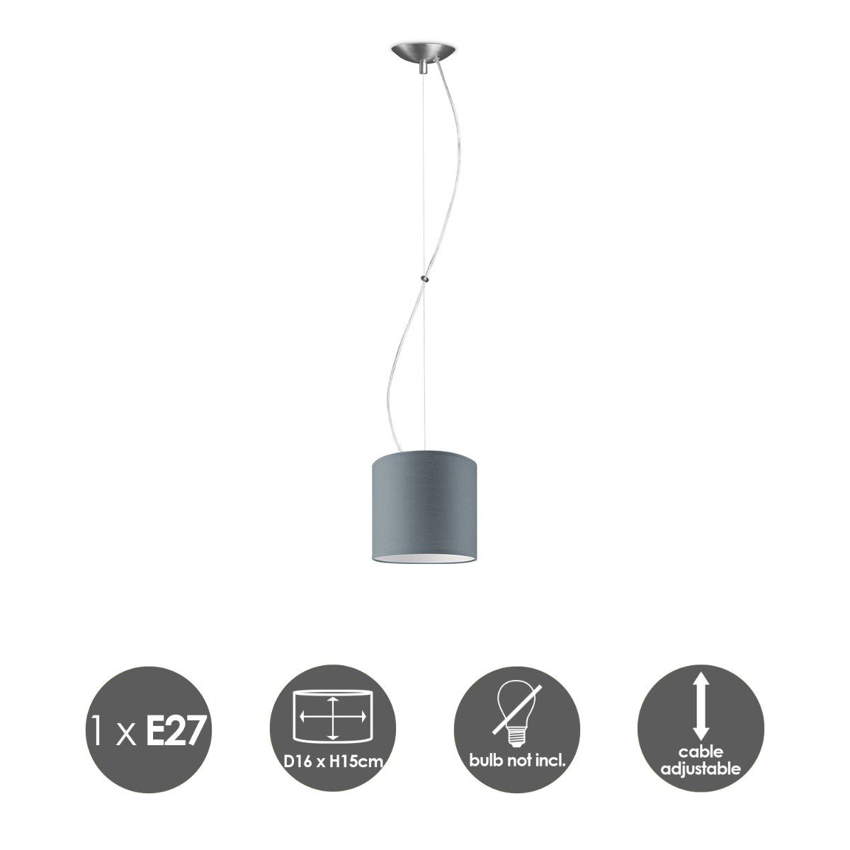 Deluxe pendant lamp with lampshade, E27, gray, 16cm