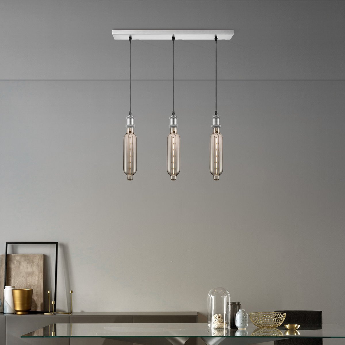 Pendant lamp chrome vintage Tube 3L G78 dimmable E27 smoke