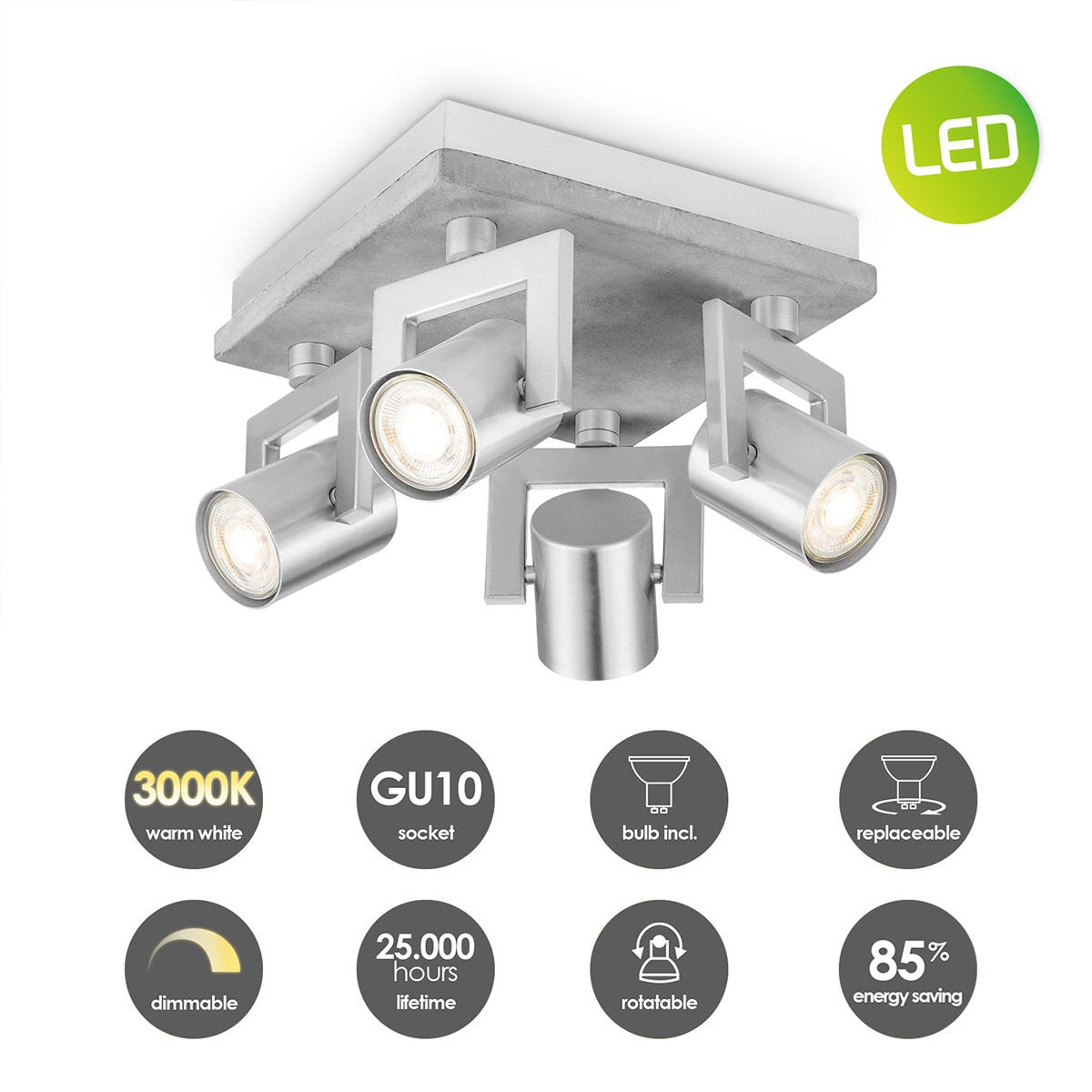 Surface-mounted spotlight Concrete 4 - incl. dimmable LED lamp - concrete
