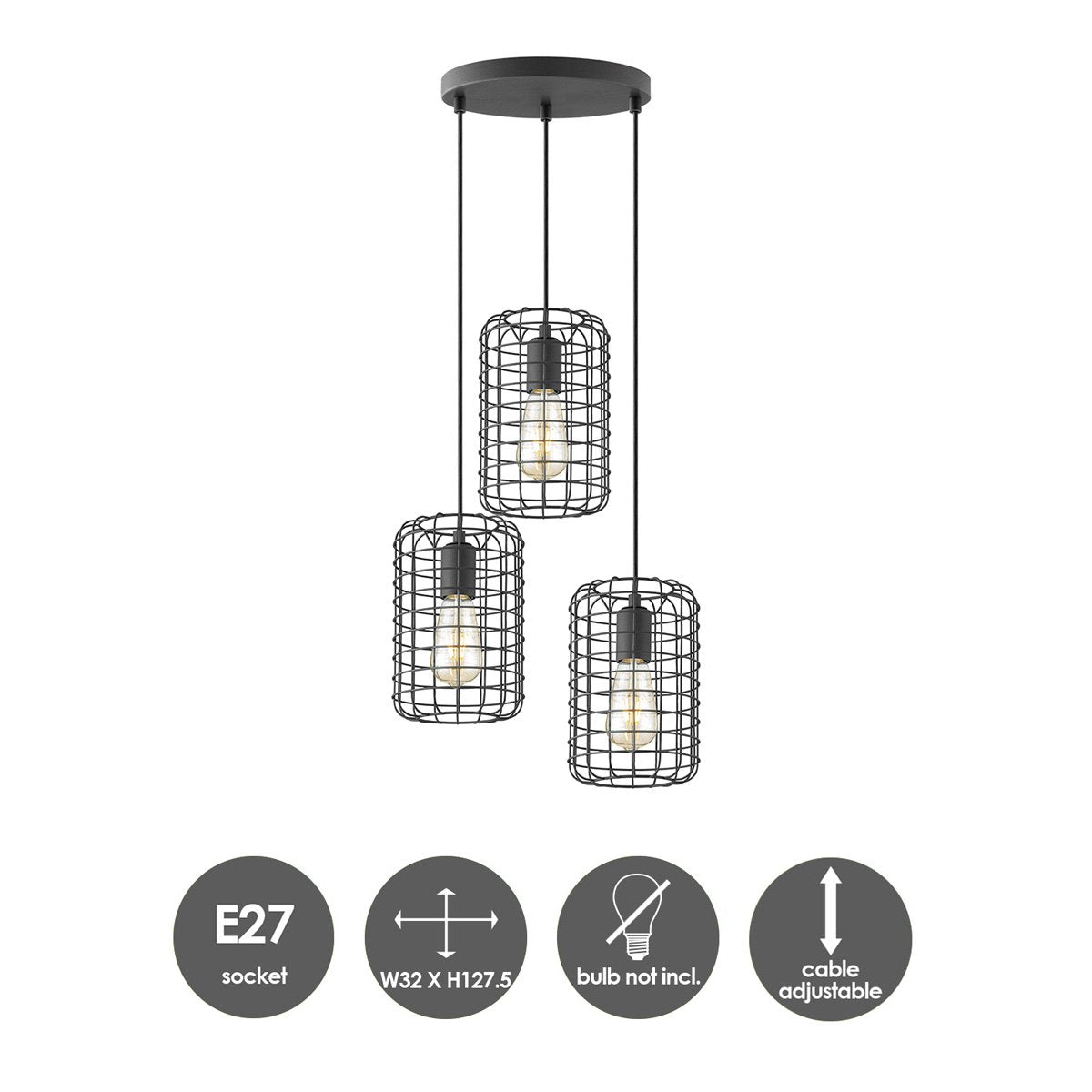Hanging lamp Netting 3 lights - Black - 32x32x127cm