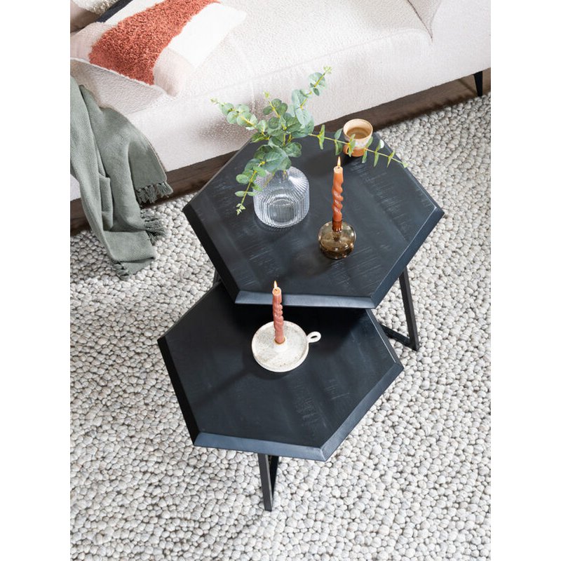 Table basse Kiara - Lot de 2 - Tables octogonales - Bois de manguier noir