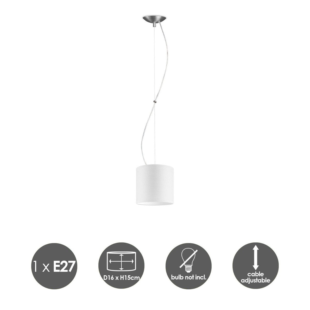 Deluxe pendant lamp with lampshade, E27, white, 16cm
