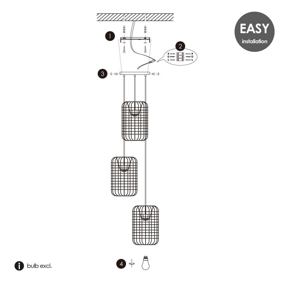 Hanging lamp Netting 3 lights - Black - 32x32x127cm