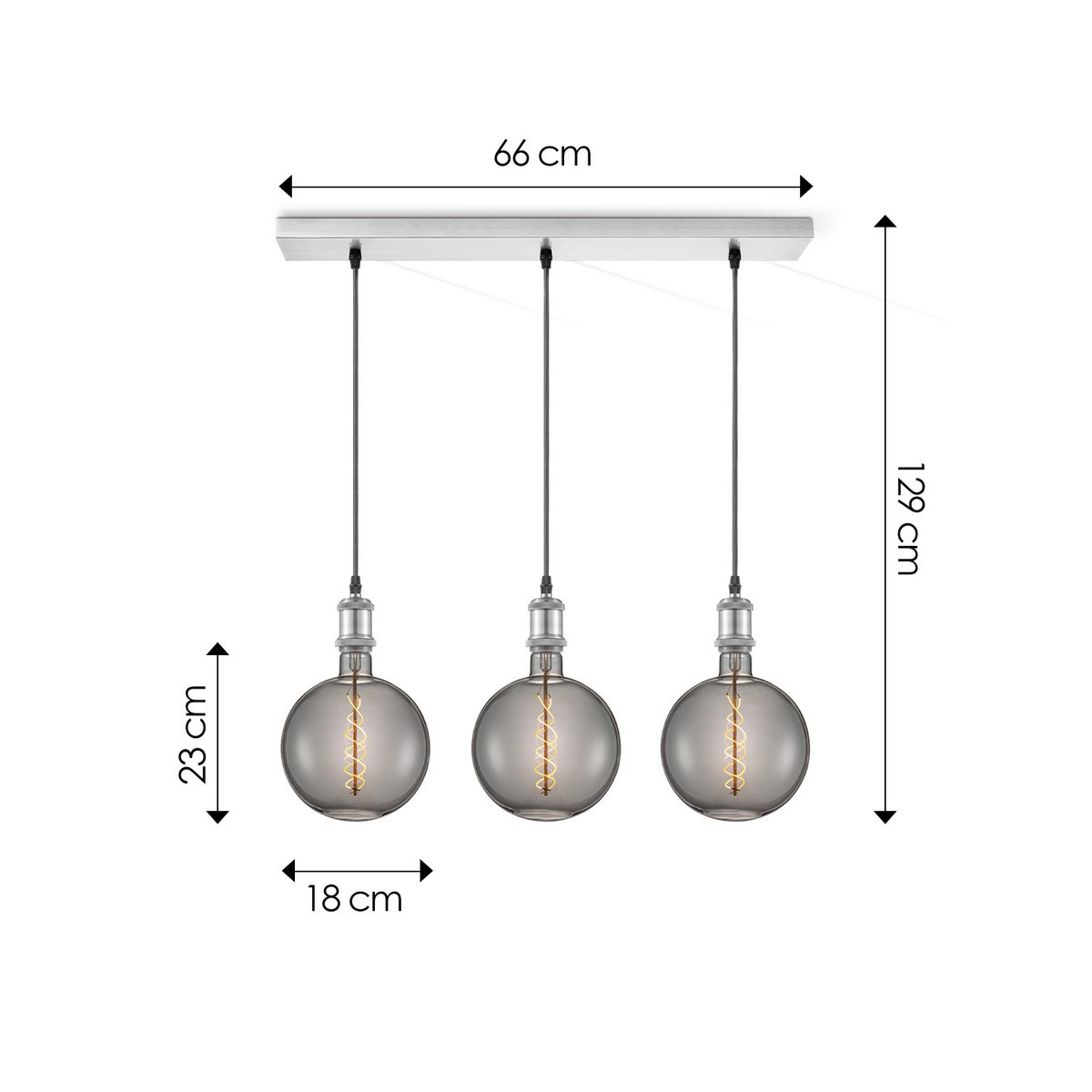 Pendant lamp chrome vintage LED 3L G180 dimmable E27 smoke