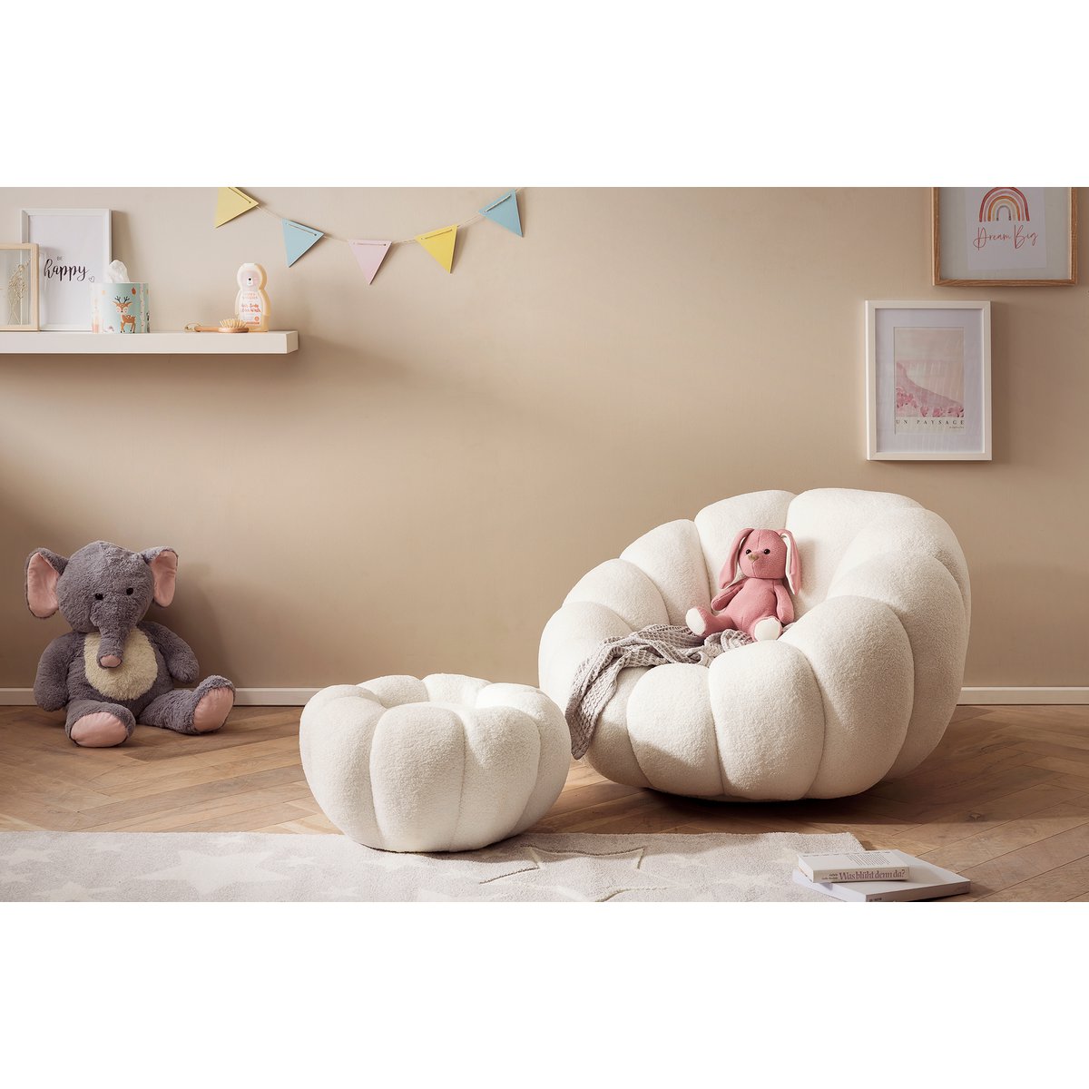 Fauteuil- en krukset wit teddybont |woon-meubel.nl
