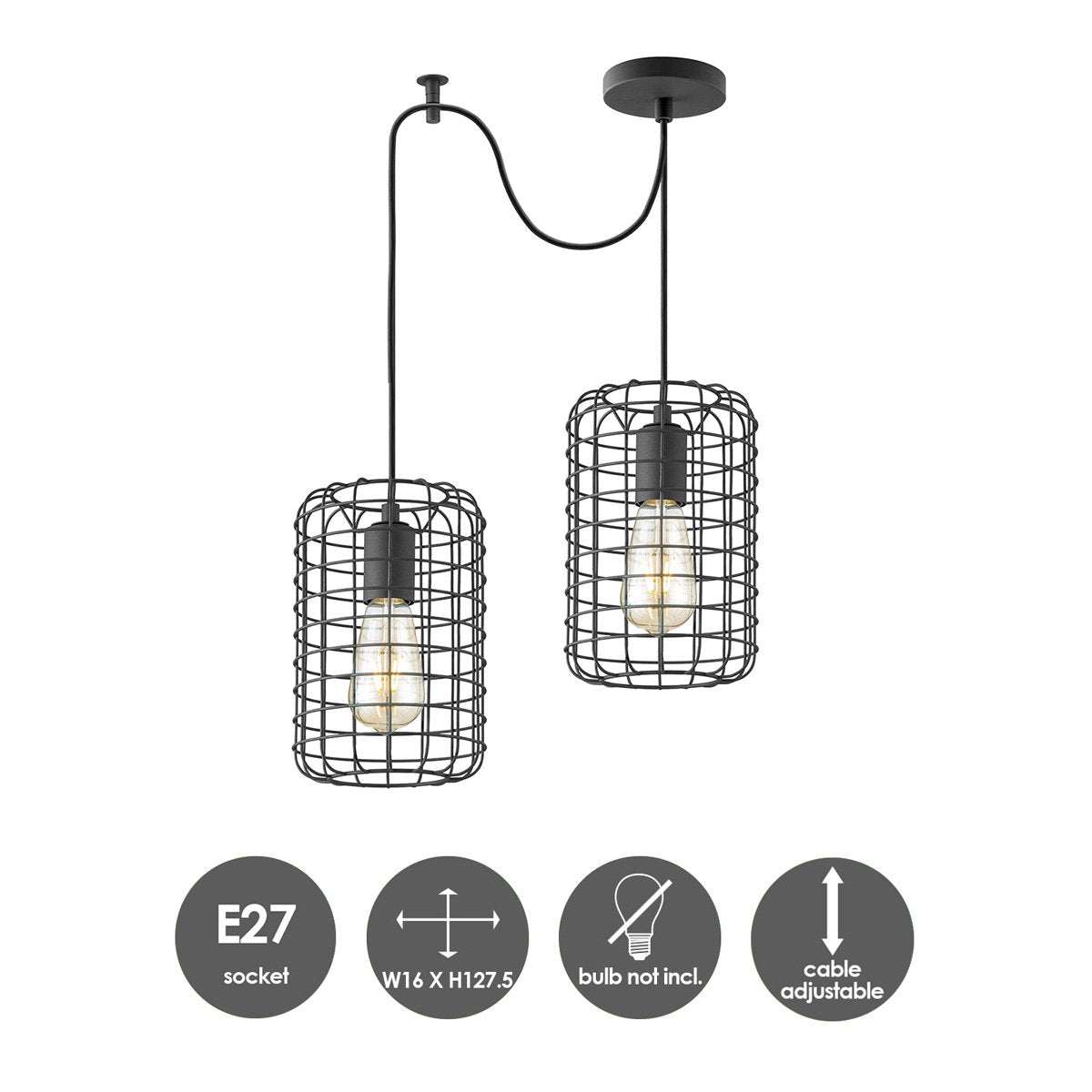 Hanging lamp Netting 2 lights - Black - 32x32x127cm
