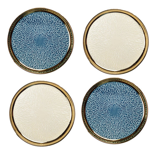 Dessertborden Set van 4 – Blauw & Crème met Gouden Rand | Ø 20 cm
