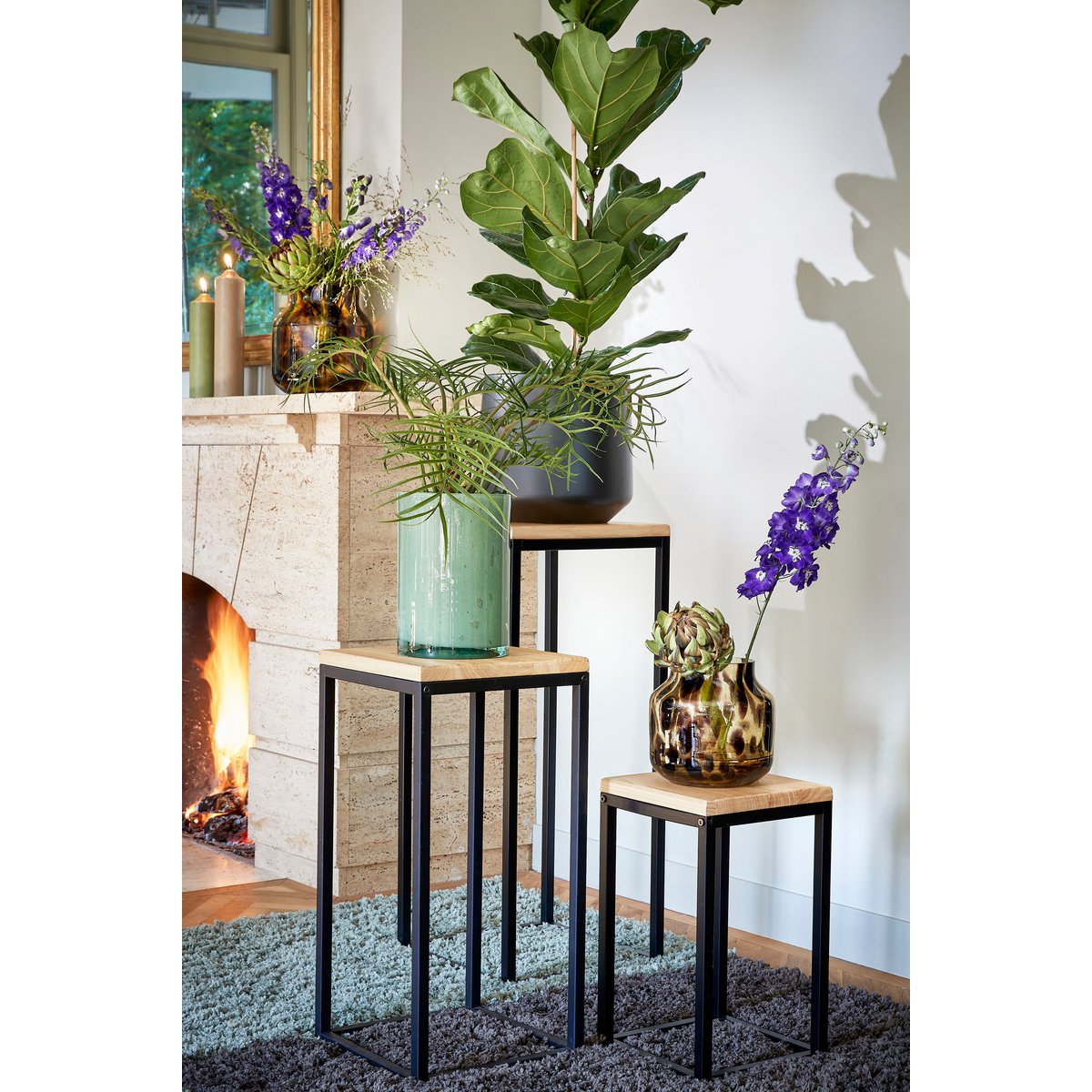 Table à plantes Oskar - L 35 x l 35 x H 81 cm - Bois, métal - Noir