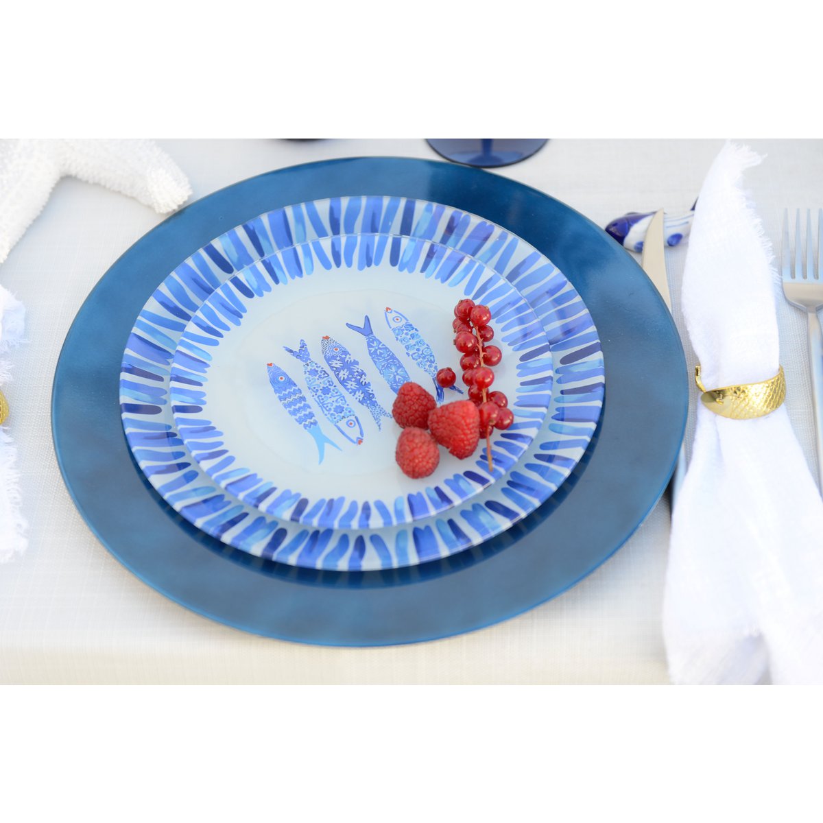 Dessertborden Set van 6 – Blauw Visdesign Ø20 cm | Glazen Borden