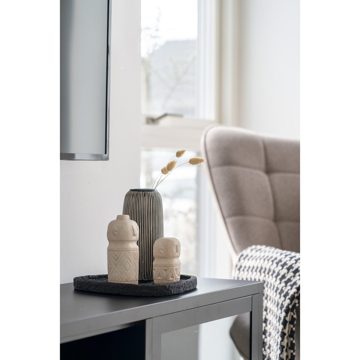 Vase - Ceramic vase, black/white, round, Ø9.5x20 cm