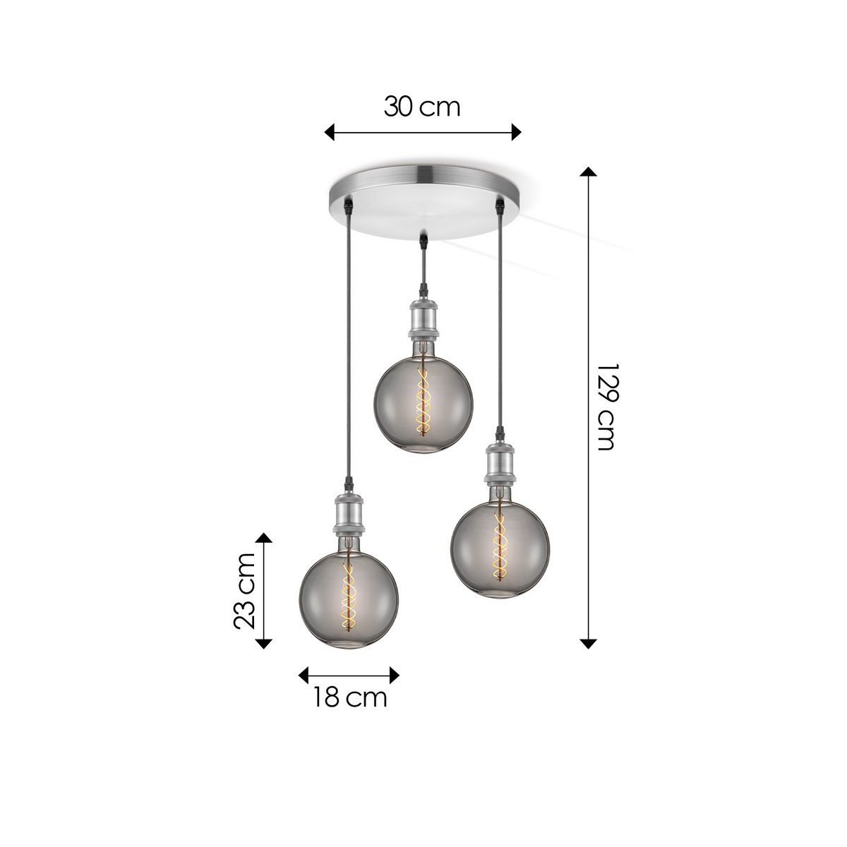 Pendant lamp chrome vintage round 3L G180 dimmable E27 smoke