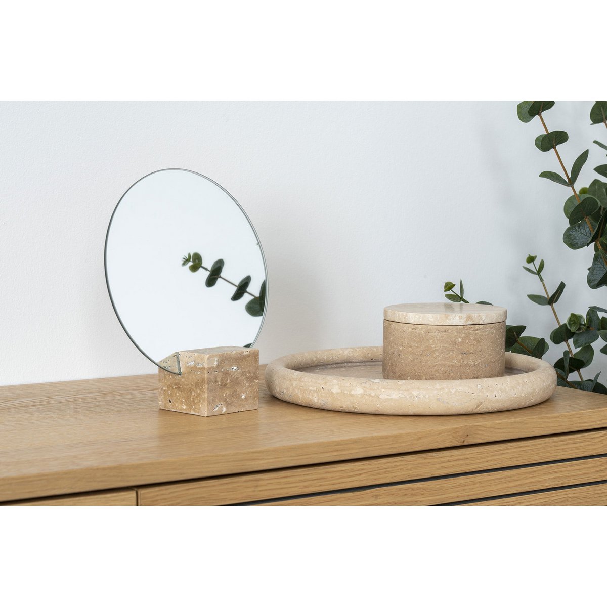 Tafelspiegel - Beige, glas, travertijn, Ø18x18cm |woon-meubel.nl