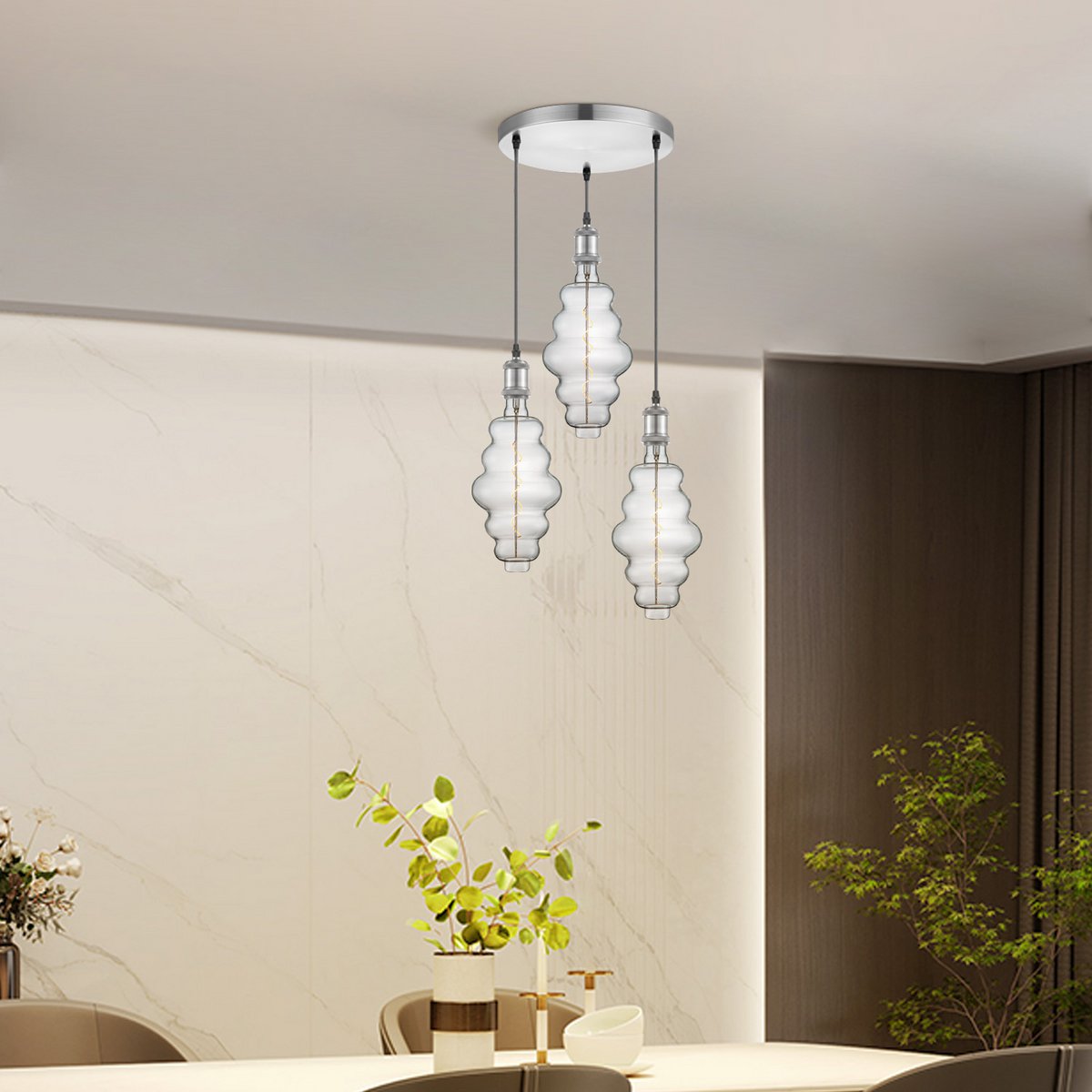 Pendant lamp chrome round Cloud 3L dimmable E27 clear
