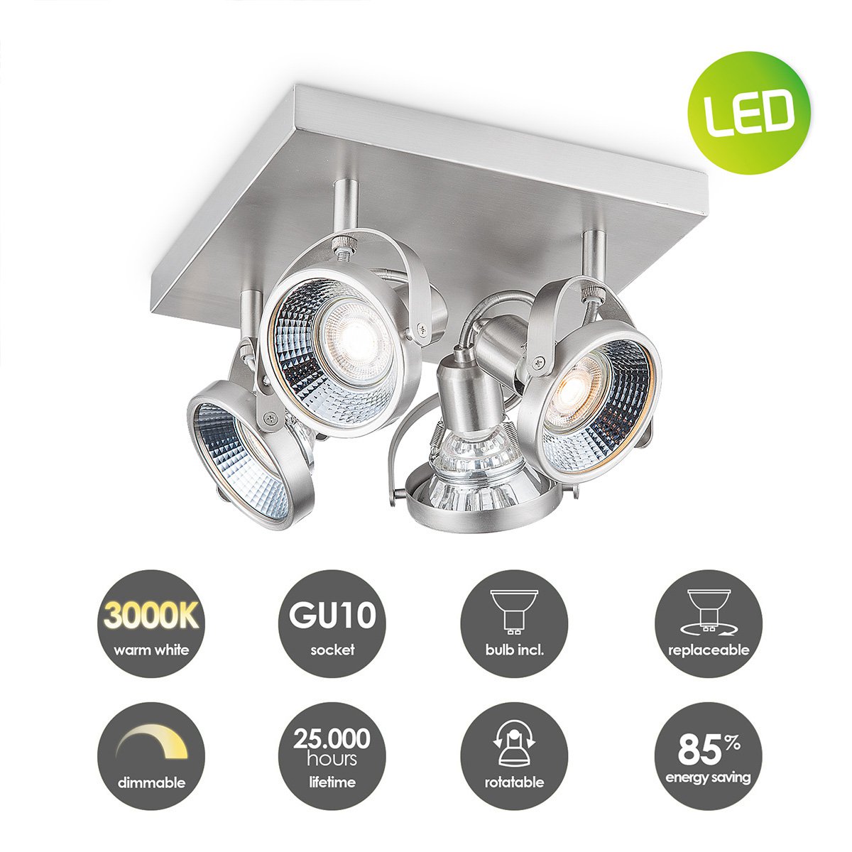 LED Surface-mounted spotlight Yaya 4 - dimmable - brushed steel