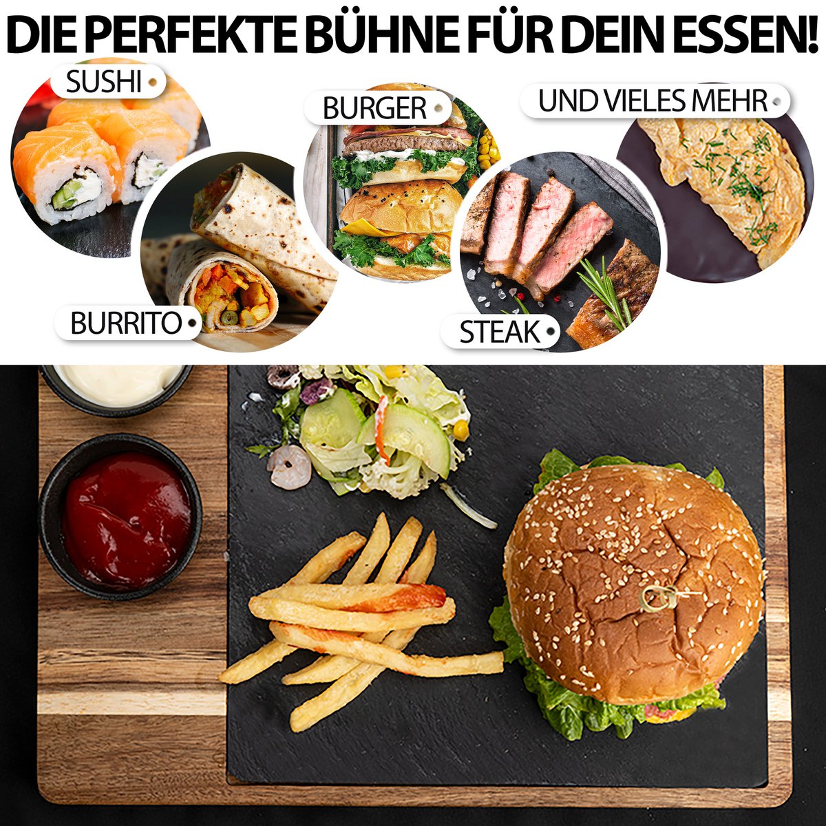 Serveerset XXL 'Domingo' – Set van 2 - Luxe Serveerplank van FSC® Acaciahout met Leisteen | Duurzaam & Elegant